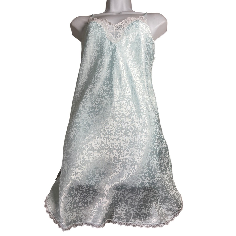Barbizon Baby Blue Floral Lace Trim Slip Chemise Nightgown vintage babydoll - Picture 2 of 7